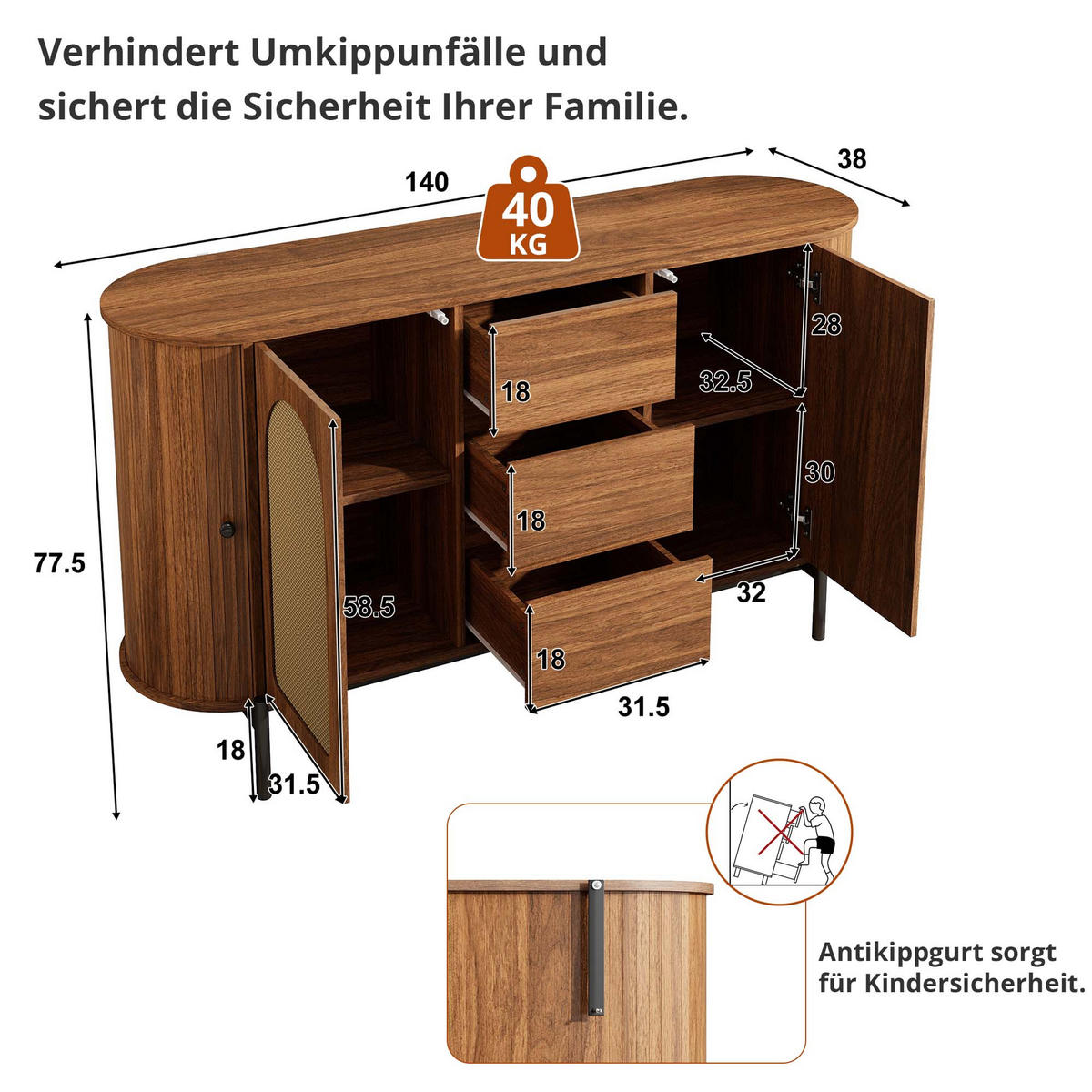 SIDEBOARD Rattan Holzoptik Schiebetüren Metallbeine - Walnussfarben, Holzwerkstoff (38/77.5/140cm) - FLIEKS