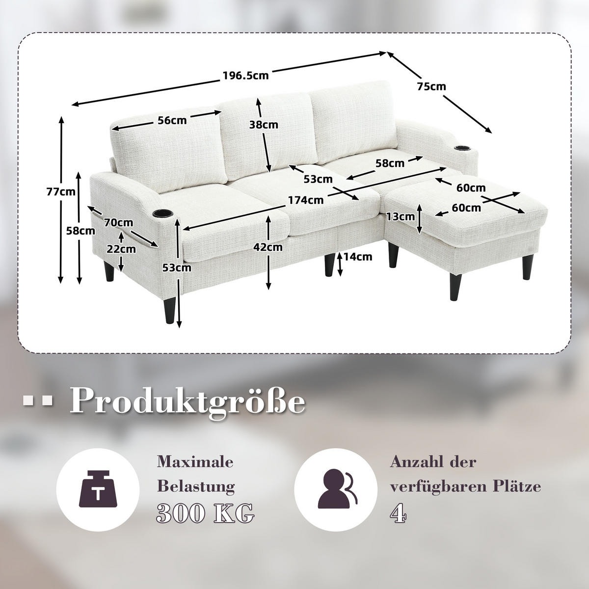 ECKSOFA 163/121/66 cm Beige mit 1 Aufbewahrungshocker, Aufbewahrungstasche und Getränkehalter - Beige, Textil (196.5/75cm) - Oxeza