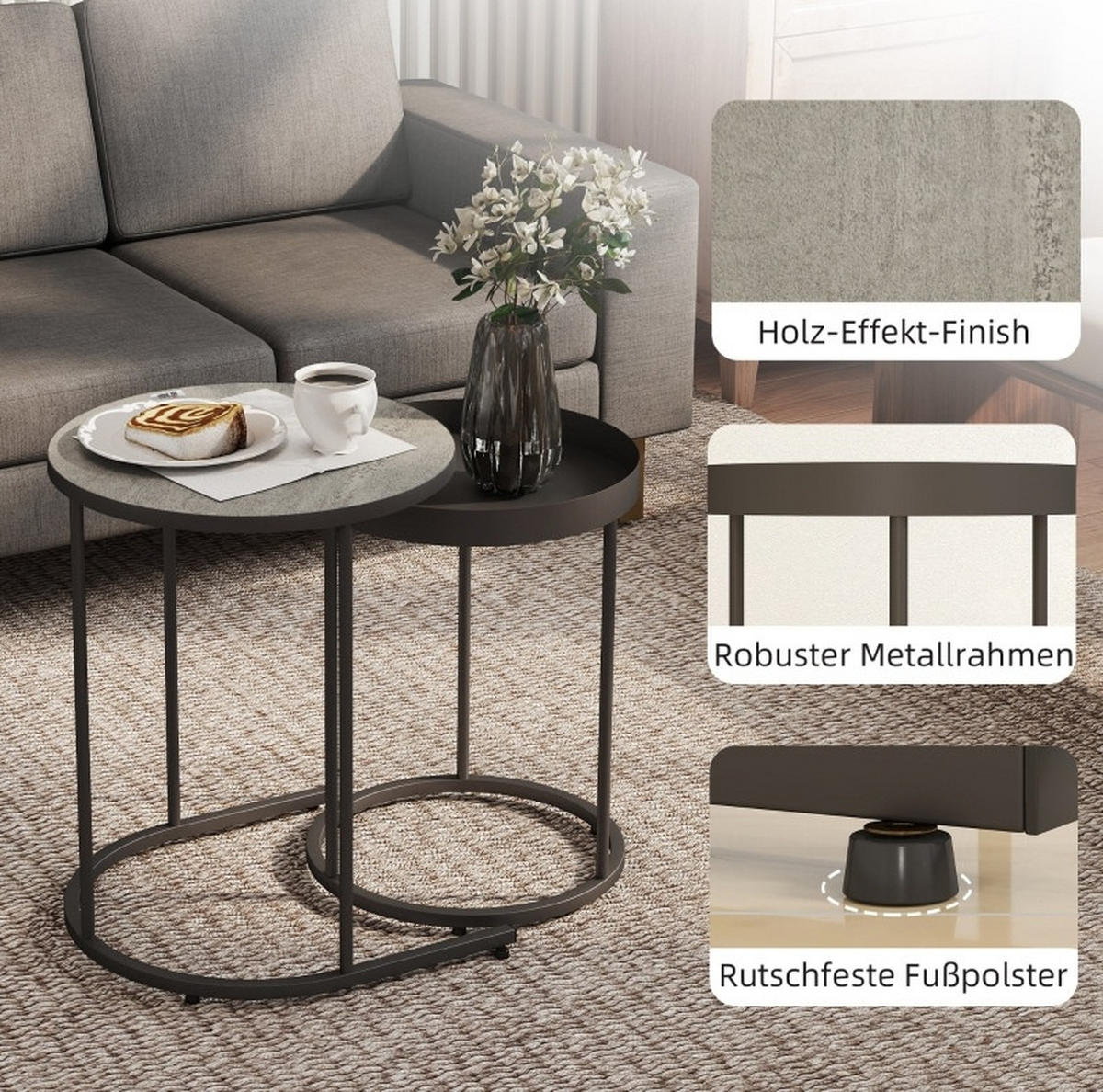 SATZTISCHE 42/42/54 und 36/36,5/48,5 cm im 2er-Set, stapelbar mit Tablettdesign und Metallgestell, Grau - Grau, Metall (42/42/54cm) - Redom