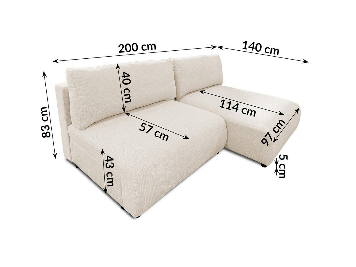 ECKSOFA Sora mit Schlaffunktion, Bettkasten und extra tiefer Komfortzone aus hochwertigem Hellbeige Strukturstoff - Beige/Schwarz, Holz/Kunststoff (200/140cm) - S-Style