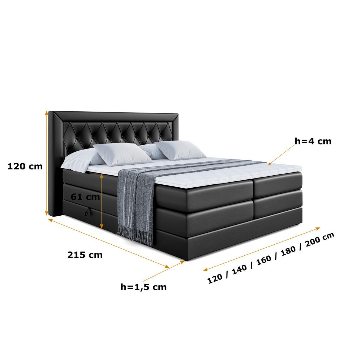 BOXSPRINGBETT NOEL KING - 200 x 200 - H3/H4 - Schwarz Hochglanz - Schwarz Hochglanz, Holzwerkstoff (200/200cm) - ALTDECOR