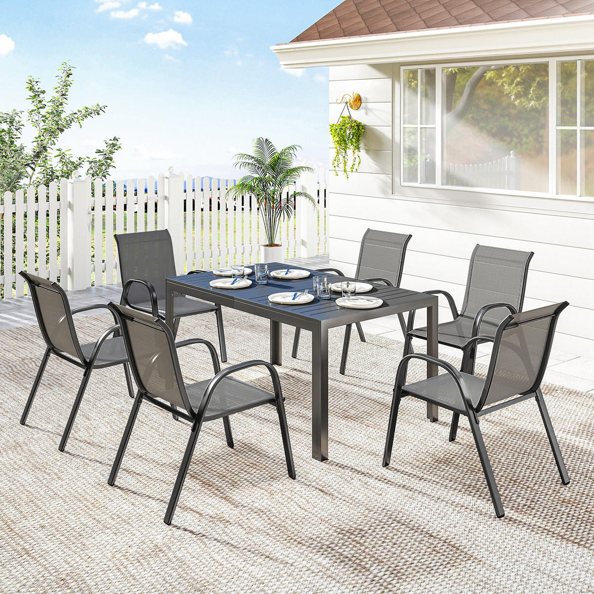 OUTDOOR-ESSGRUPPE 7er Set Stahl Hellgrau - Hellgrau/Schwarz, Textil/Metall - Outsunny