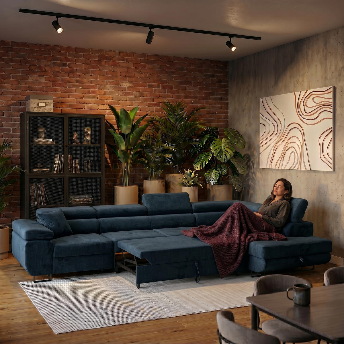 ECKSOFA WILD MAXI L Rechts mit Schlaffunktion 125x195 Velours Dunkelblau - Chromfarben/Dunkelblau, Holz/Textil (203/350cm) - Muffo