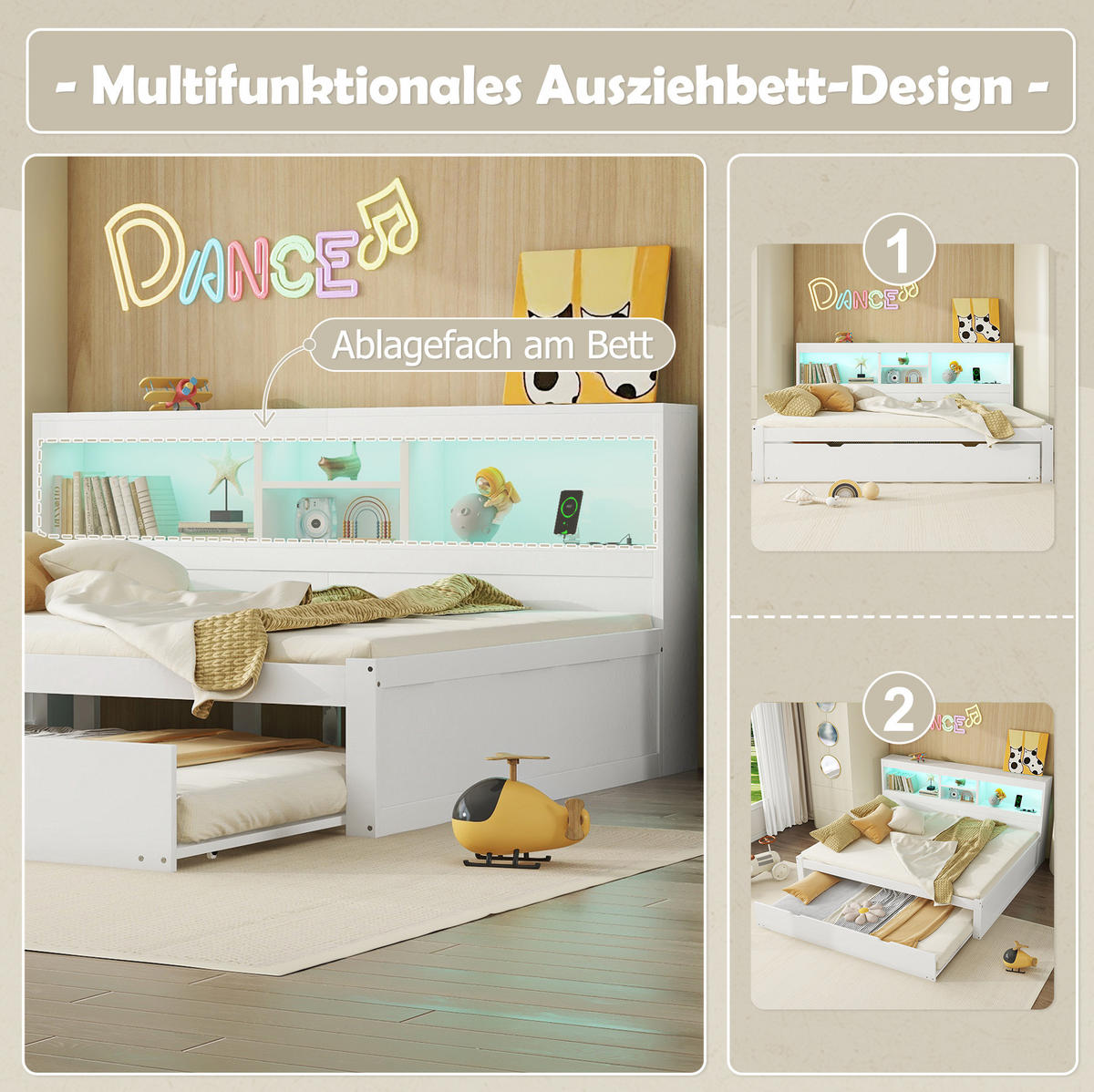 BETT 140/200 cm Weiß aus Spanplatte und MDF mit Bett und LED-Beleuchtung - Weiß, Holzwerkstoff (140/200cm) - OKMYHOME