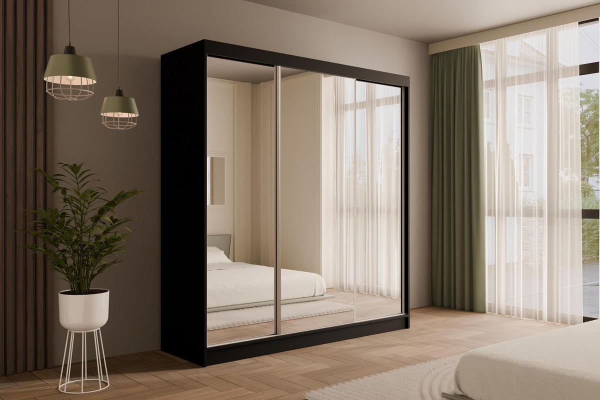 KLEIDERSCHRANK mit Spiegel V2-URBANO 215x200 cm Schwarz - Schwarz, Holzwerkstoff (200/215/61cm) - ALTDECOR