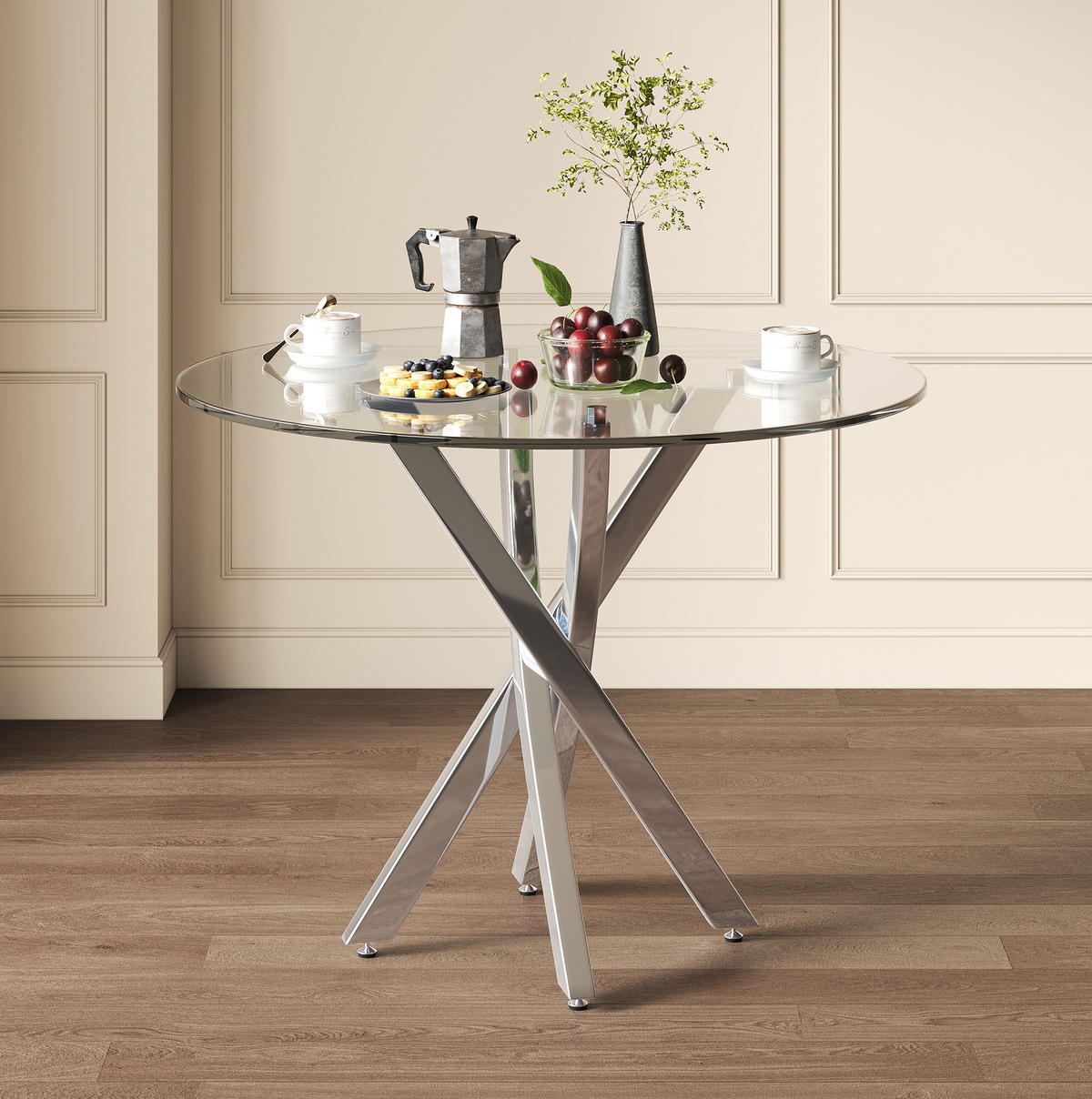 ESSTISCH 80/80/75 cm aus Glas in Silber mit Kreuzgestell - Silberfarben, Glas (80/80/75cm) - Flora Grace