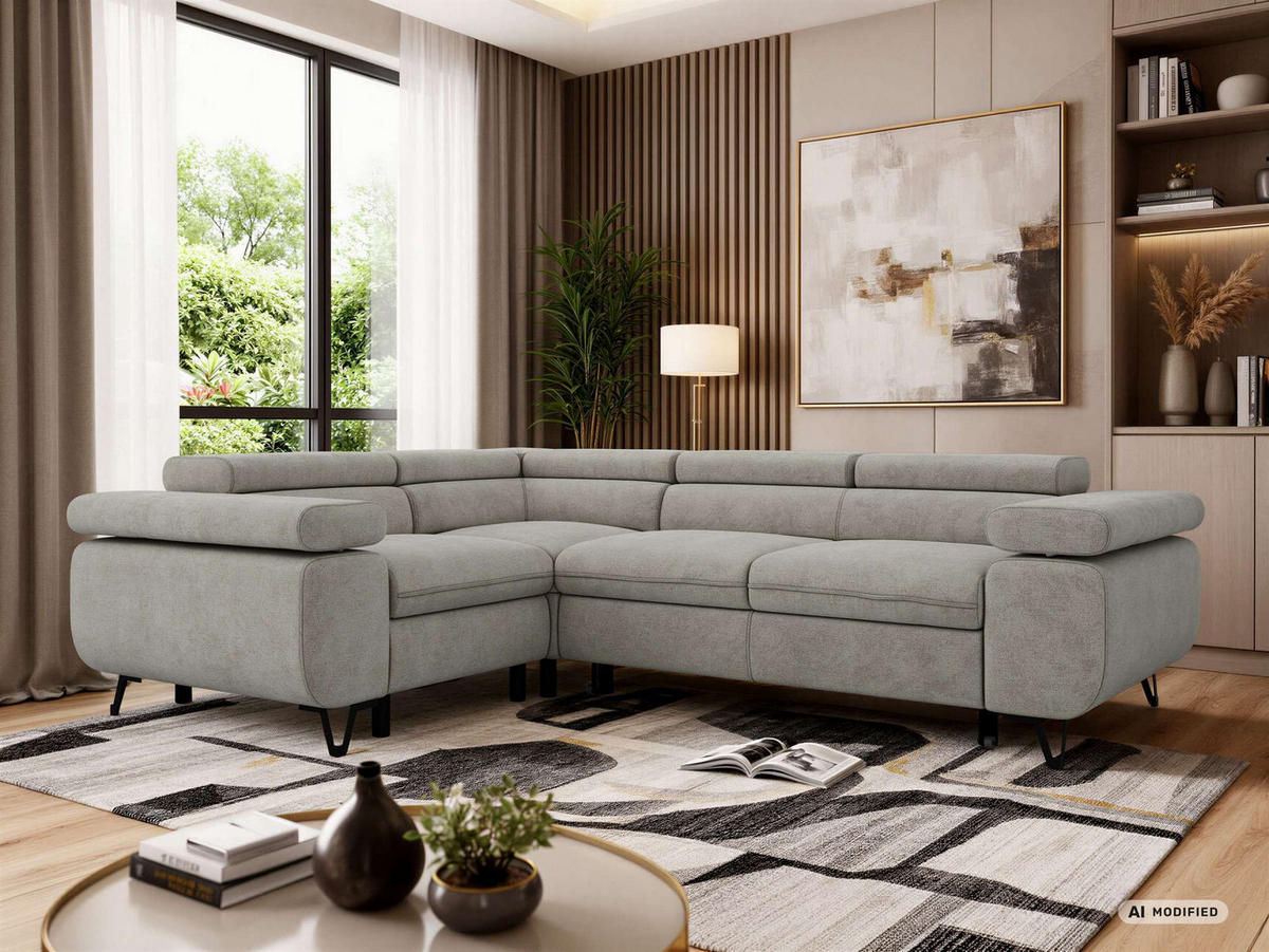 ECKSOFA FALCO L - Hellgrau Stukture - Links Seite - Hellgrau/Schwarz, Textil/Metall (197/268cm) - MKS