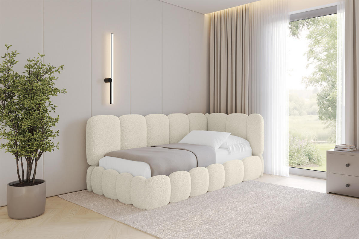 EINZELLBETT Jugendbett mit Bettkasten und Matratze H3/H4, Links - AVRY 80x200 Beige - Champagner, Holzwerkstoff/Textil (80/200cm) - ALTDECOR