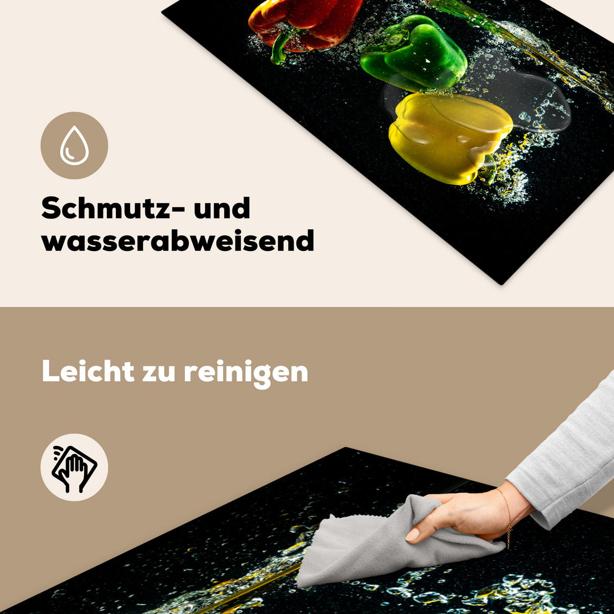 HERDABDECKPLATTE Paprika - Gemüse - Wasser - Schwarz - Rot - Grün - Gelb Induktionsschutz 91.2x52 cm - Multicolor, Kunststoff (91.2/52/0.2cm) - MuchoWow