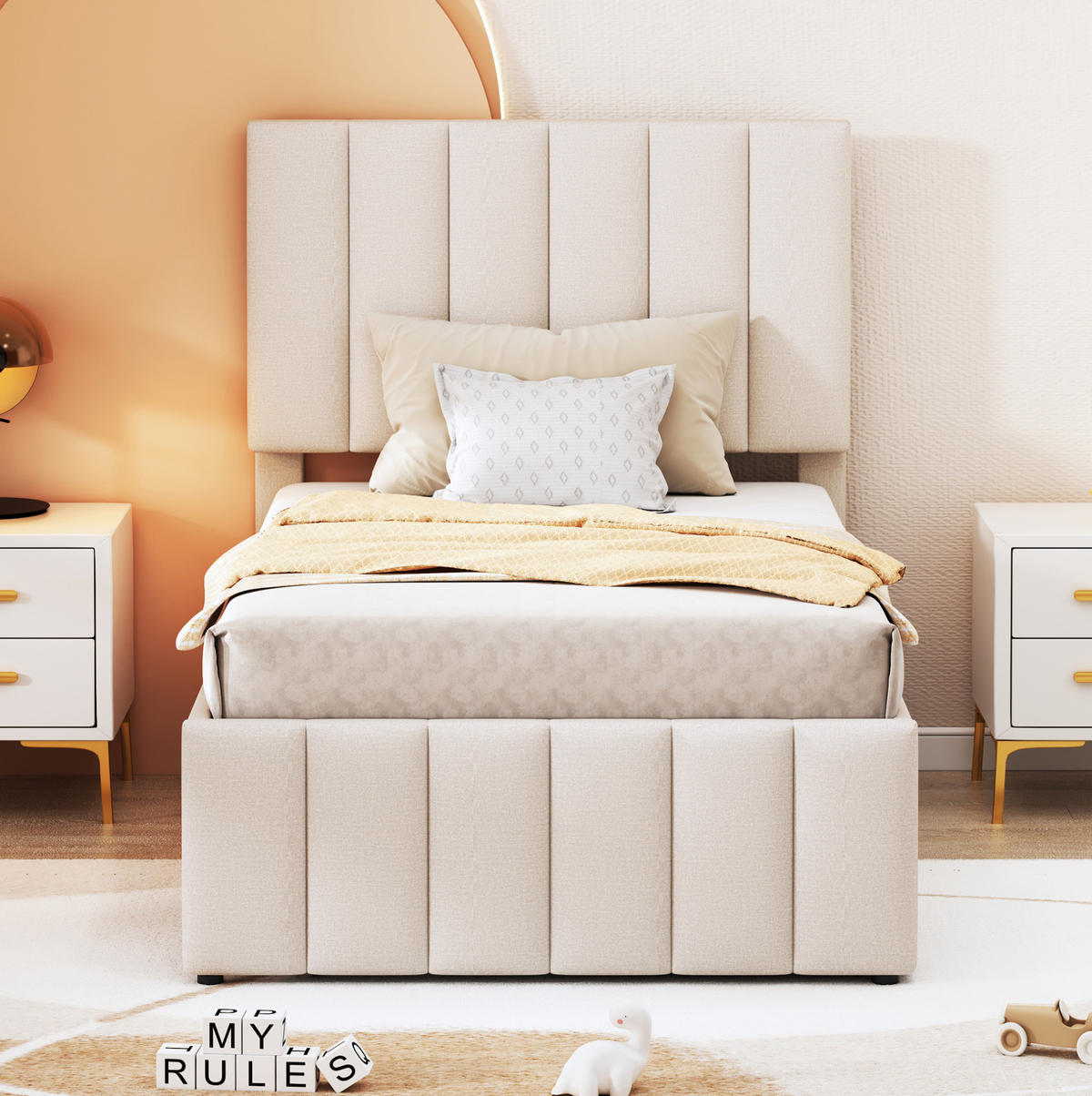 POLSTERBETT 90/200 cm mit Rollbett und 3 Schubladen, höhenverstellbarem Kopfteil - Beige, Textil (90/200cm) - BEAOK