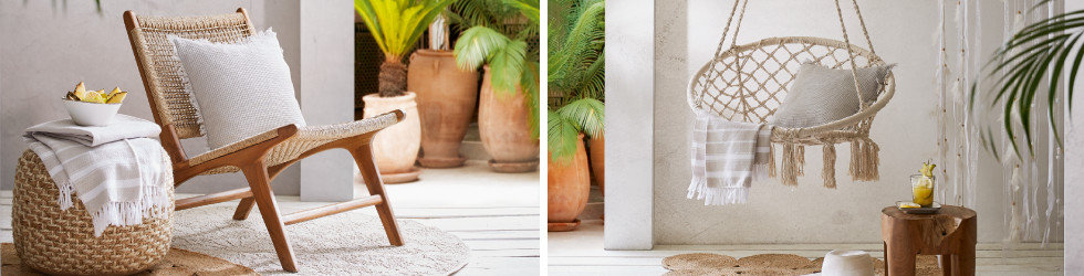 Gartentrends Makramee Gartenmöbel Holz Weiß Braun Sessel Hängesessel