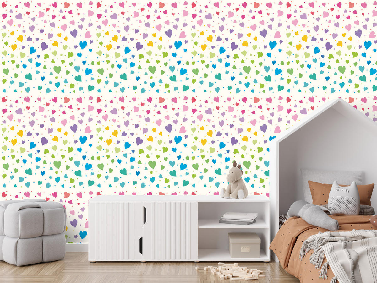 VLIESTAPETE Bunte Herzen im Boho-Stil – Bunt, Weiß – 50x1000 cm - Multicolor/Weiß, Papier (50/1000cm) - Muralo