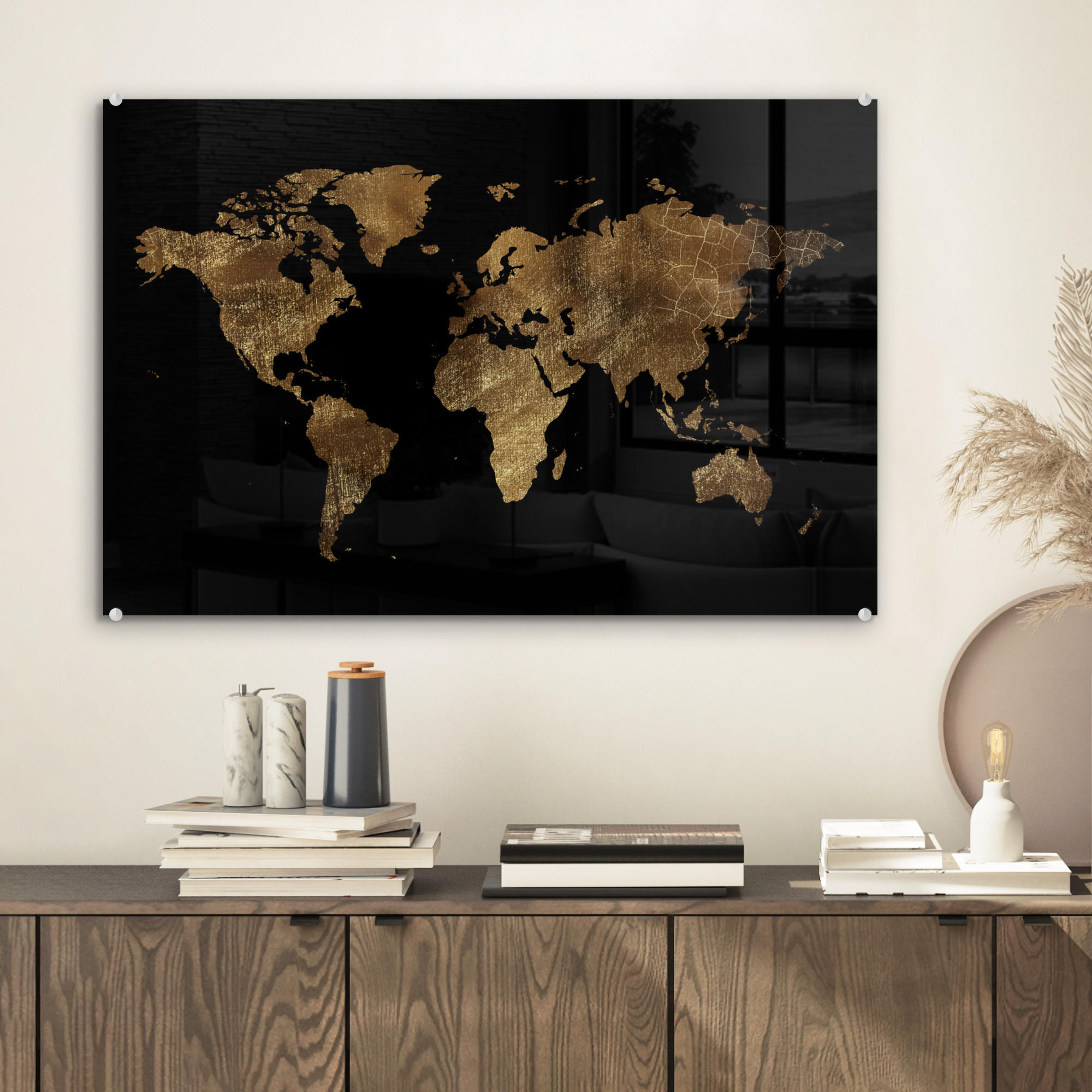 ACRYLGLASBILD Weltkarte - Gold - Luxus - Erde - Schwarz 60x40 cm - Goldfarben, Glas (60/40cm) - MuchoWow