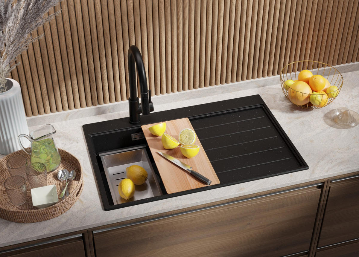 SPÜLBECKEN Sydney, 2-er set Schwarz Metallic 78/50 cm 1 Becken + Ablauf-Set + Küchenzubehörset ab 45er Unterschrank - Chromfarben/Schwarz Hochglanz, Kunststoff (78/20/50cm) - Primagran