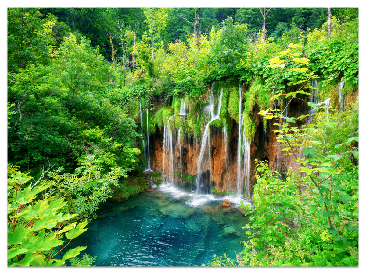 FOTOTAPETE für Esszimmer Exotischer Wasserfall Dschungelwald 350x256 - Türkis/Braun, Papier (350/256cm) - Muralo