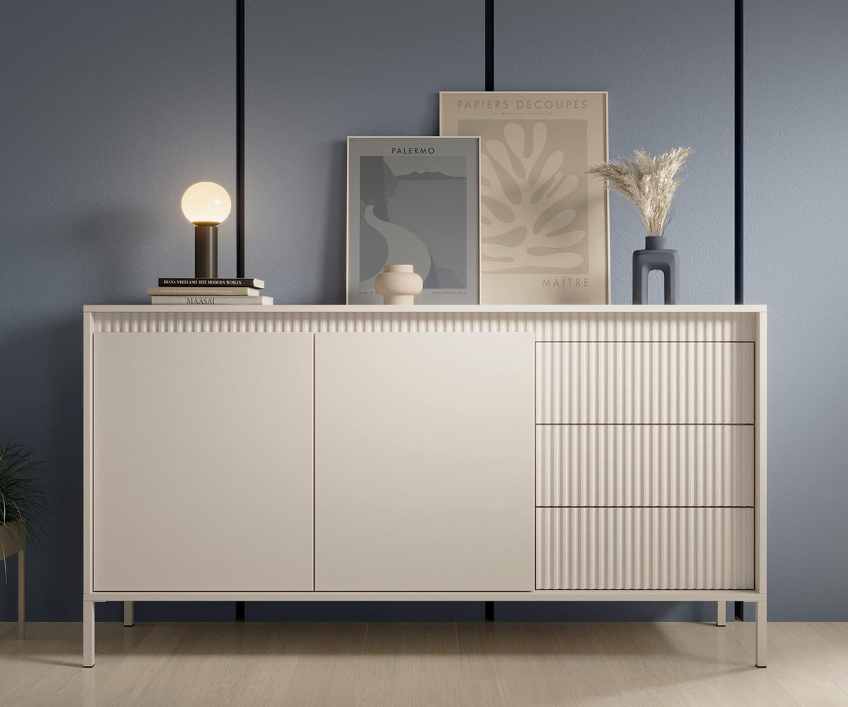 SIDEBOARD Trentinis 2T 3S Beige 153,5/81,4/39,5 cm – Geriffelten Fronten - Beige, Holzwerkstoff/Metall (153.5/81.4/39.5cm) - AX Living