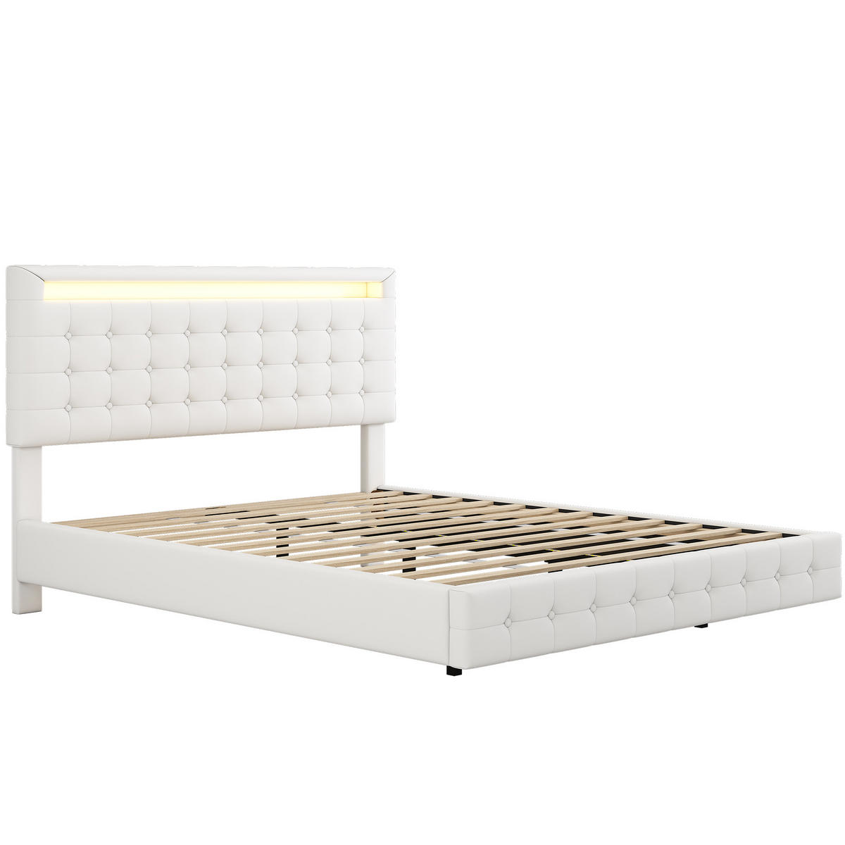 POLSTERBETT aus PU 140/200 cm mit LED-Beleuchtung, schwebender Optik und 3-fach verstellbarem Kopfteil, Weiß - Weiß, Leder (140/200cm) - Redom