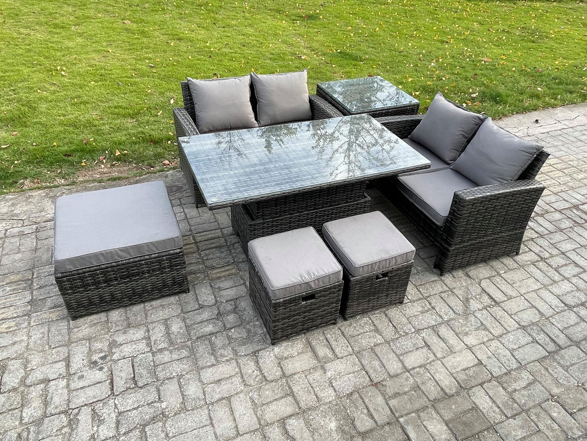GARTENMÖBEL HÖHENVERSTELLBARER ESSTISCH SET MIT BEISTELLTISCH 3 HOCKER DOPPELSITZ-SOFA Polyrattan Dunkelgrau Gemischt 7-Sitzer - Dunkelgrau, Metall - Fimous
