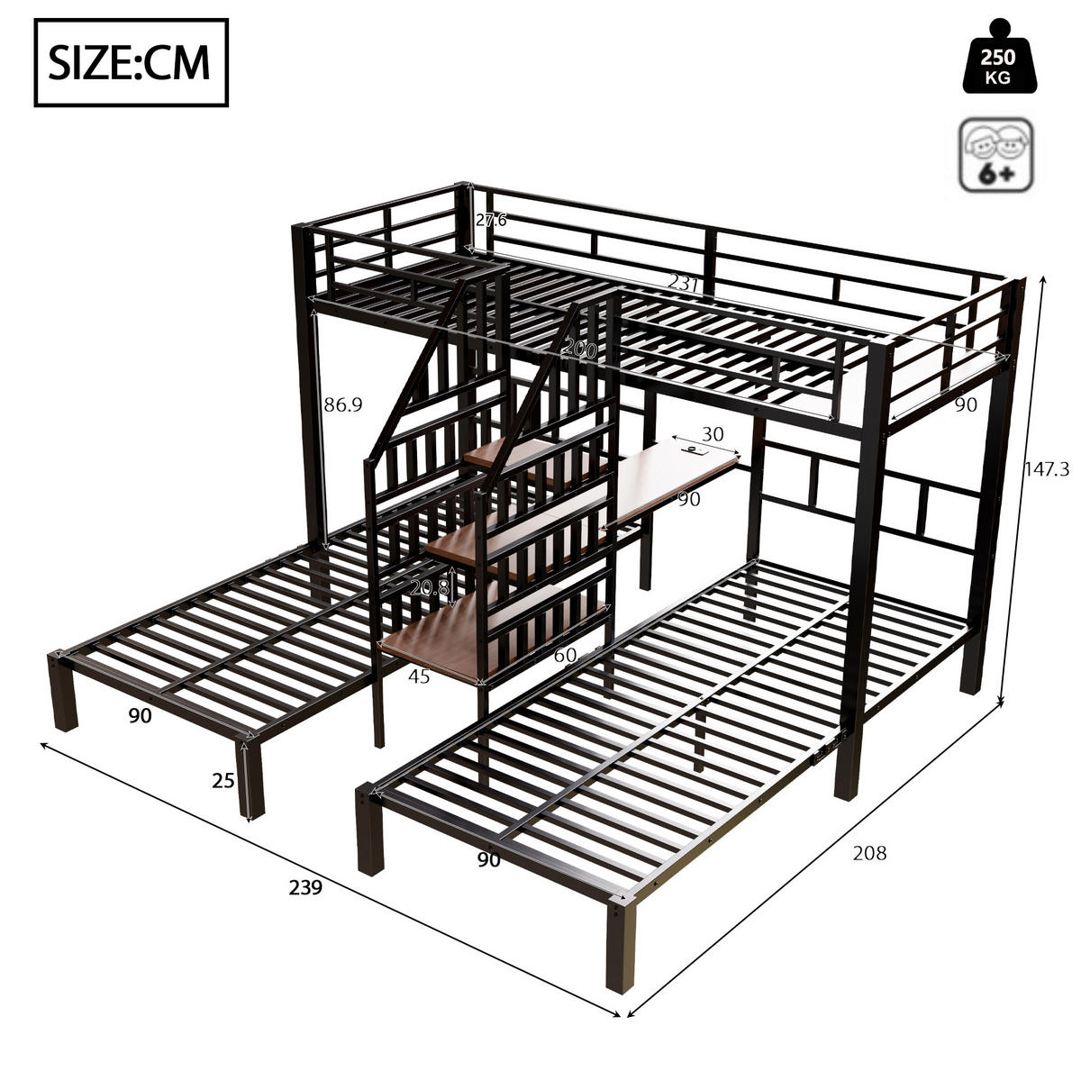 ETAGENBETT aus Metall und MDF 90x200 cm Schwarz für 3 Schlafplätze mit LED, Stauraumtreppe und Schreibtisch - Schwarz, Metall (90/200cm) - IVMEU