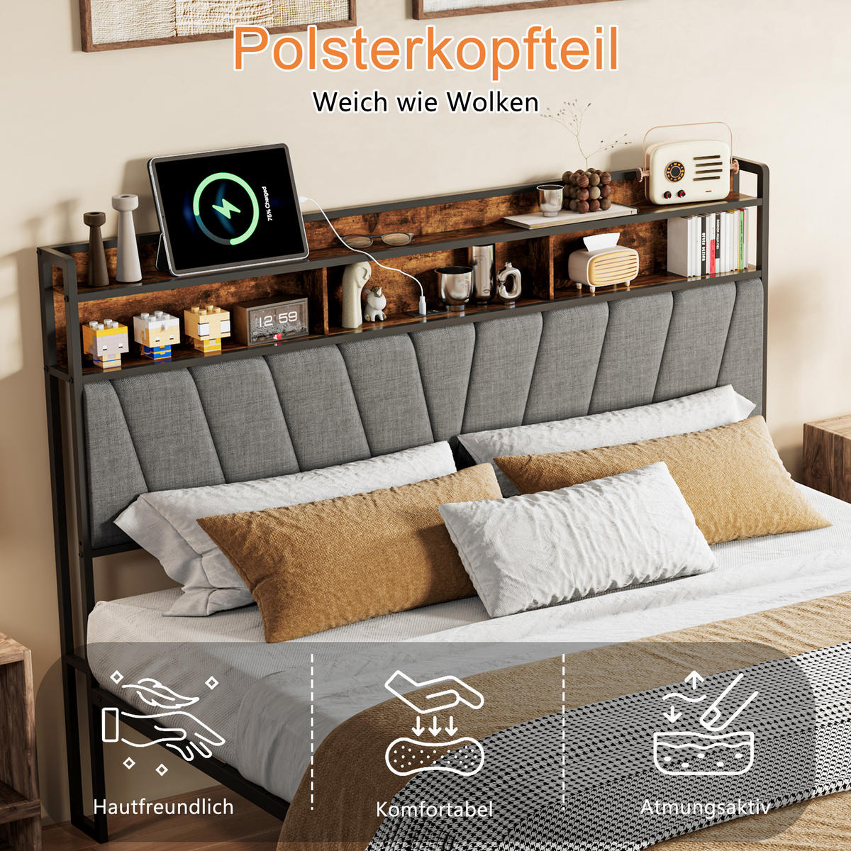 ČALÚNENÁ posteľ 160x200 cm s RGB LED, úložným čelom a USB - hnedá, drevo (160/200cm) - SHOPENTRA