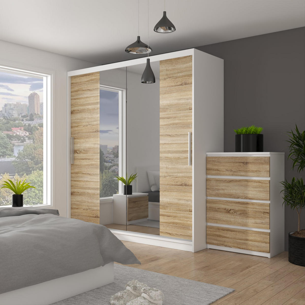 SCHWEBETÜRENSCHRANK Verona ME, Weiß/Sonoma Eiche Matt, 200 cm, mit Spiegel - Sonoma Eiche, Holz (200/216/60cm) - B BELINI GROUP