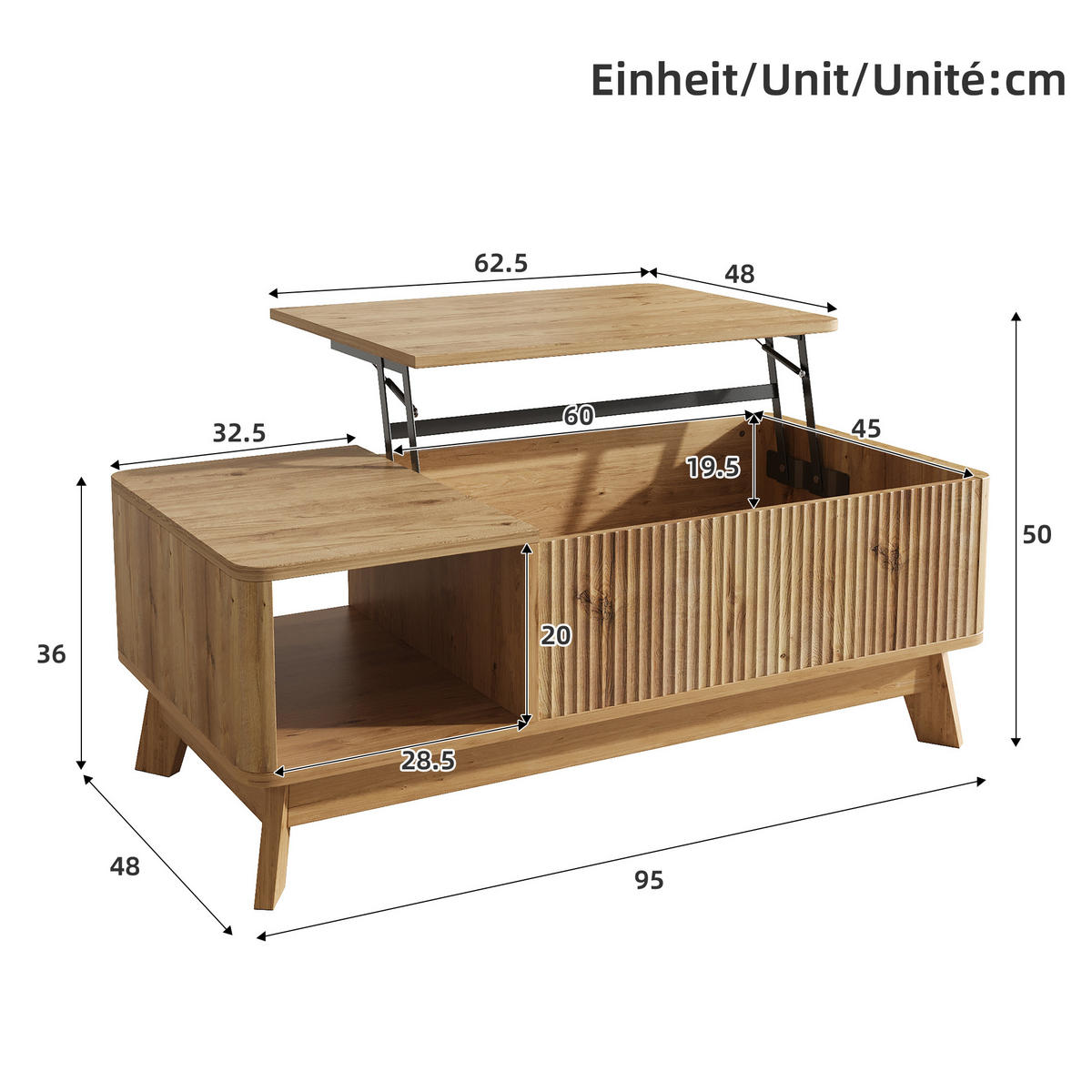 COUCHTISCH holzoptik & 3d-wellen-design mit lift-funktion & verstecktem stauraum - Naturfarben, Holzwerkstoff (48/95/50cm) - Urban Meuble