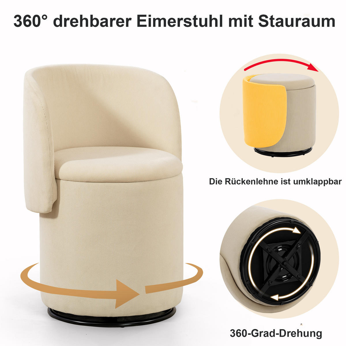 SESSEL Cord Beige drehbar und mit Stauraum - Beige, Holzwerkstoff/Textil (48/75/52cm) - WISHDOR