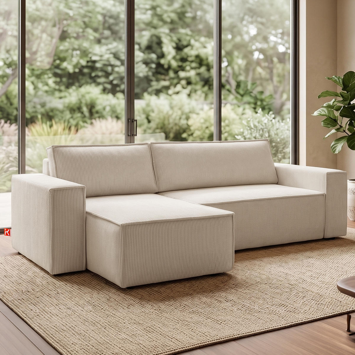 ECKSOFA-LINKS/RECHTS NAPI Schlaffunktion mit Cordbezug, beige - Ecru/Schwarz, Textil (262/148cm) - KONSIMO®