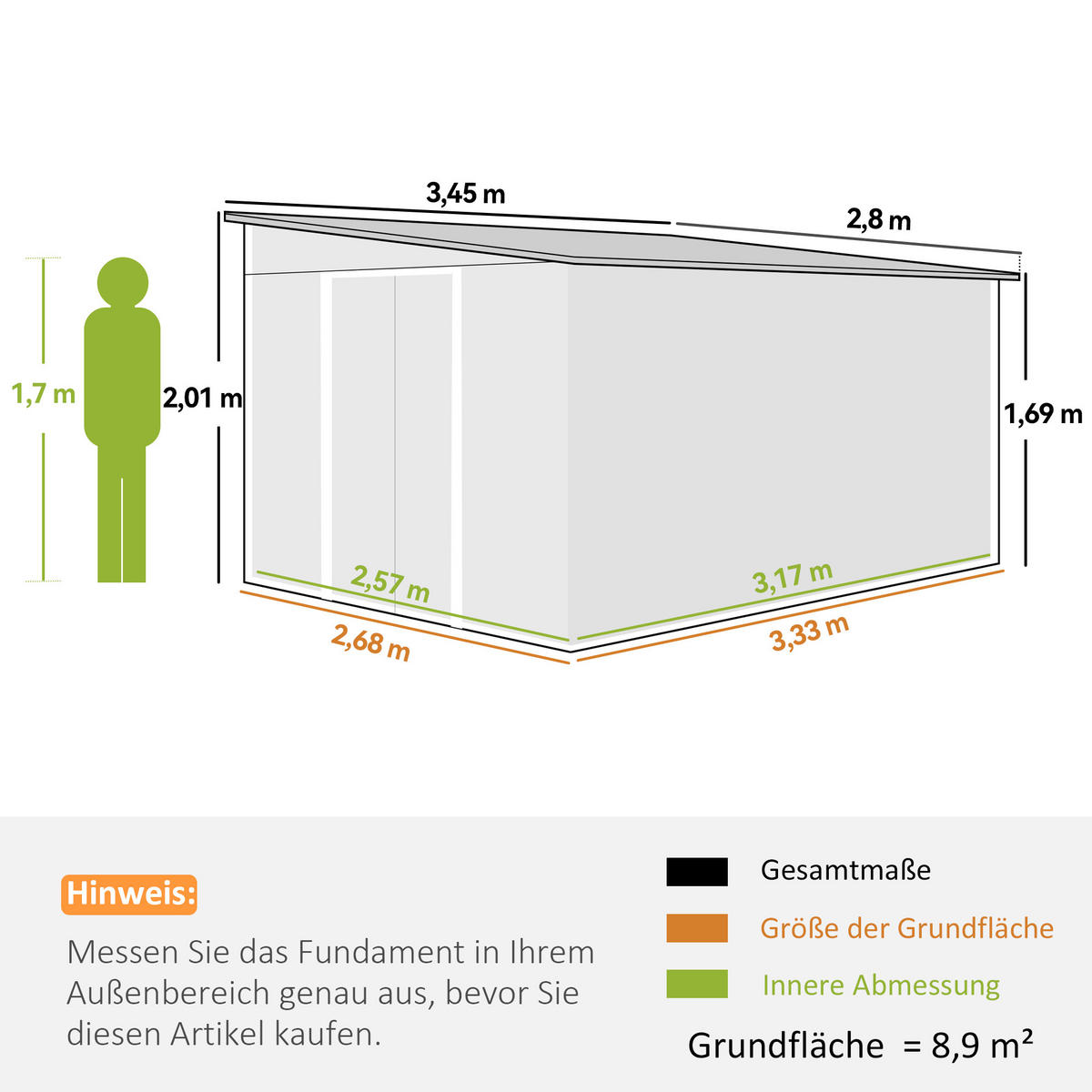 8,9 ㎡ Gerätehaus Stahl-Geräteschuppen Gartenhaus mit Pultdach, Schiebetür, Grau - Grau, Metall (345/201/280cm) - Outsunny