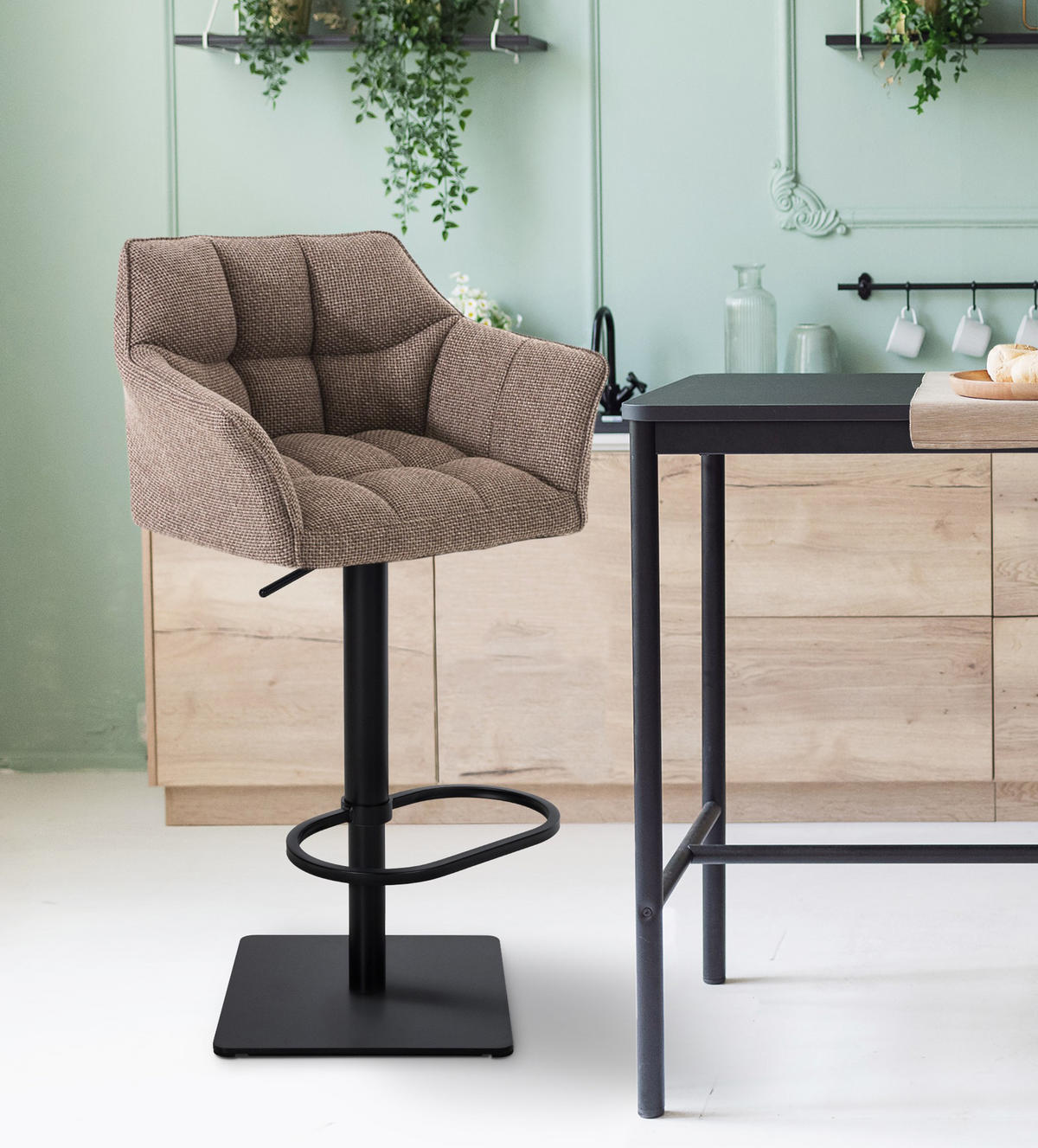 BARHOCKER 2er Set Damaskus Stoff schwarz terrabraun - Hellbraun/Schwarz, Textil/Metall (64/110/48cm) - TPFLiving