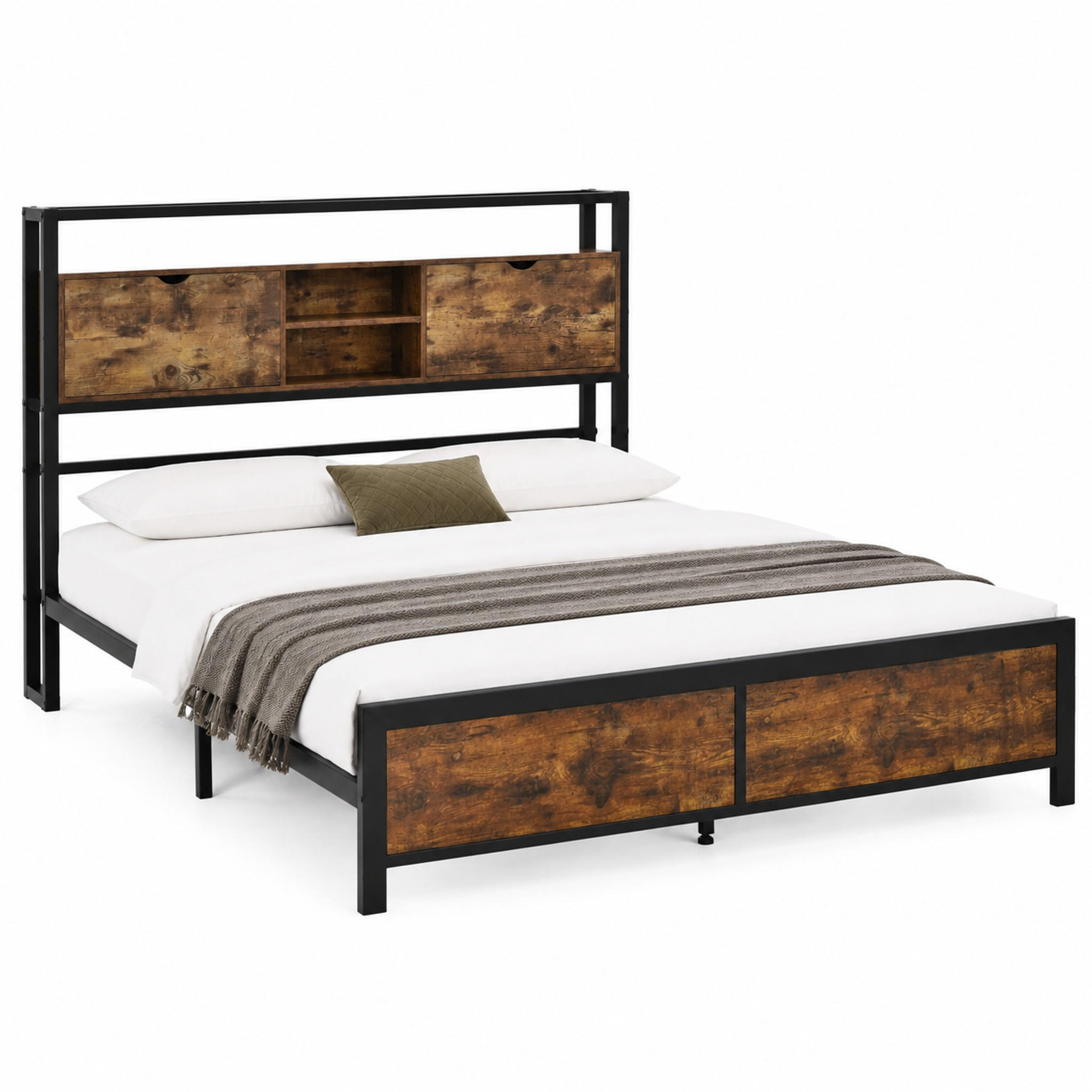 BETT mit Stauraum-Kopfteil 140x200 cm Metall Holzoptik - Braun, Metall (140/200cm) - Meubliv