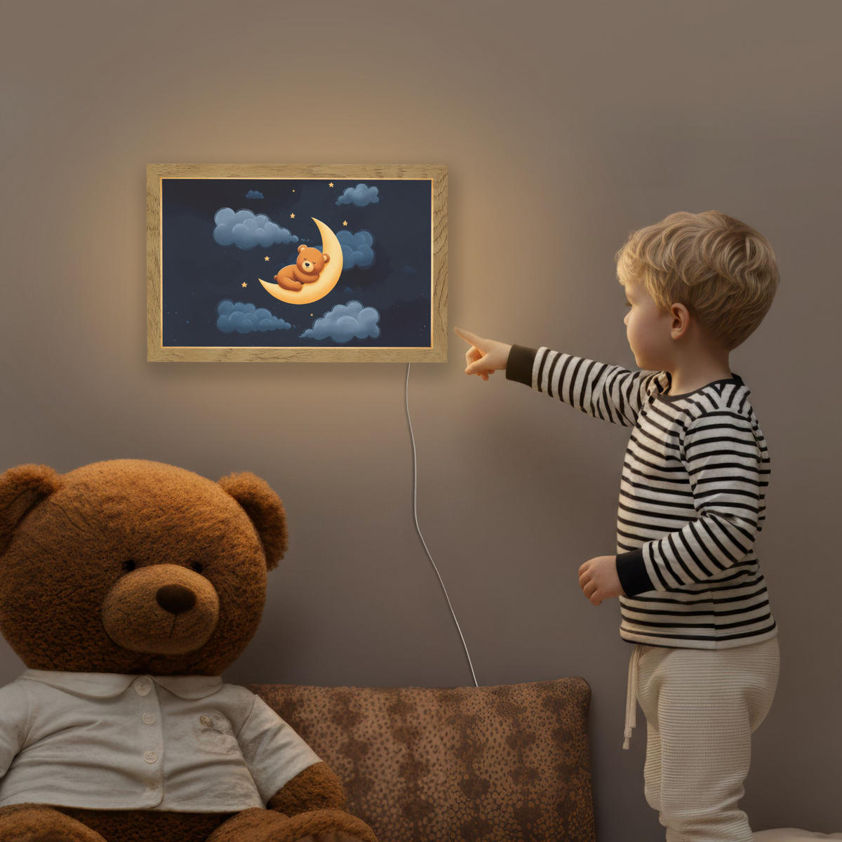 NACHTTISCHLAMPE Teddybär - Mond - Wolken - Sterne 30x20 cm - Dunkelblau, Holzwerkstoff (8/30/20cm) - OnlyWow