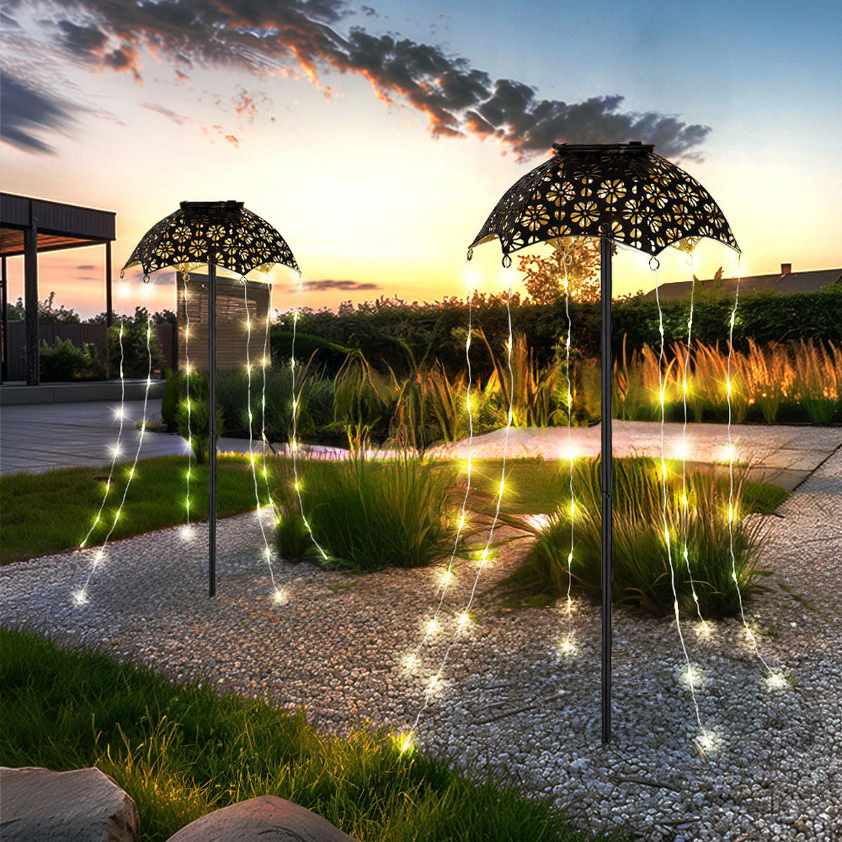 LED AUSSENLEUCHTE Regenschirm Kupferfarben 2er Set - Schwarz, Metall (20.5/20.5/65cm) - Globo Lighting