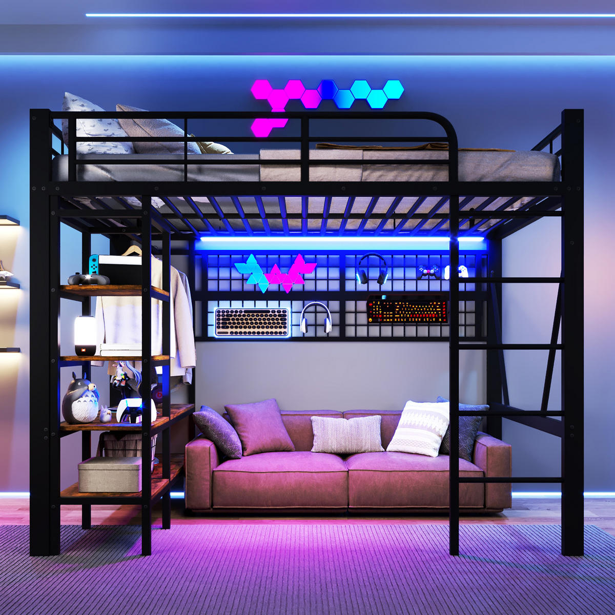 HOCHBETT 140/200 cm schwarz aus Metall mit App-steuerbarer LED und Stauraum - Schwarz, Metall (140/200cm) - OKWISH