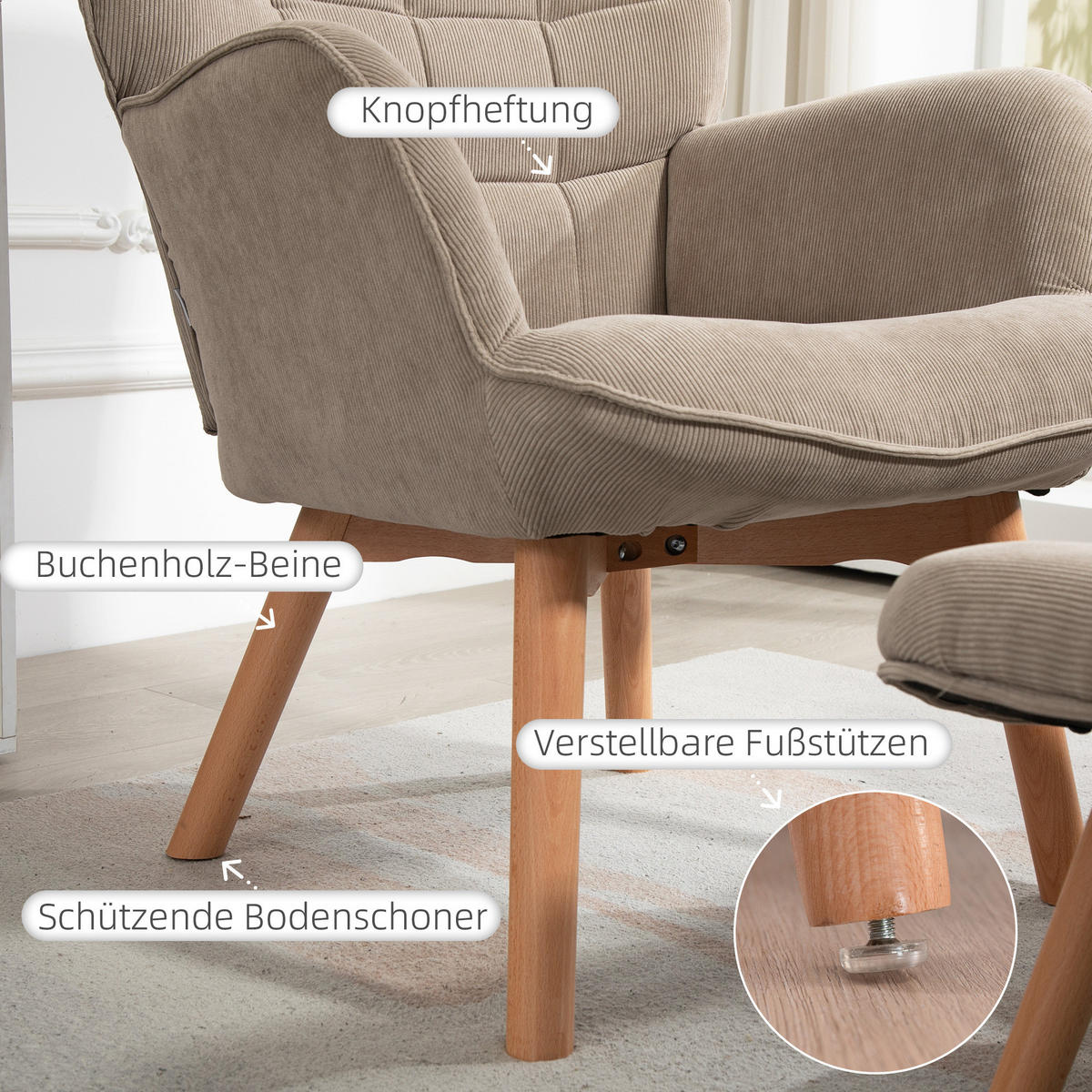 OHRENSESSEL mit Hocker 72/80/101 cm in Khaki mit Holzbeinen - Beige, Textil (72/101/80cm) - Flora Grace