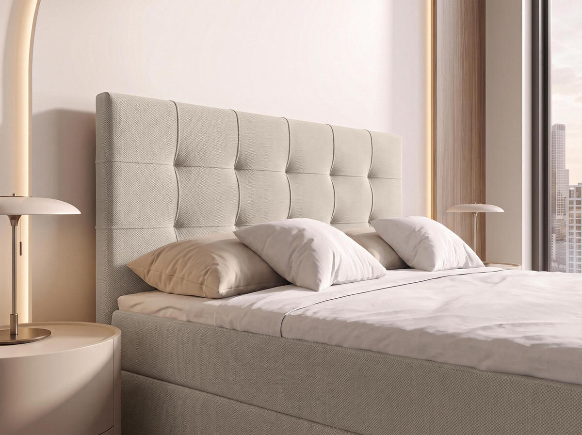 BOXBETT DEFNE 140x200 cm mit Fußteil und Matratze - Beige + TOPPER - Beige/Schwarz, Holz/Holzwerkstoff (140/200cm) - AX Living