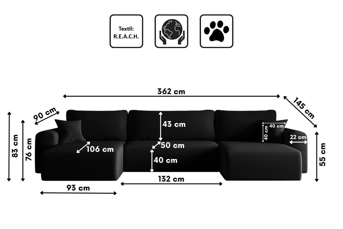 ECKSOFA Mit Schlaffunktion Und Bettkasten U-form CAPRI Poso Schwarz - Schwarz, Holz/Textil (145/362cm) - Kaiser Möbel