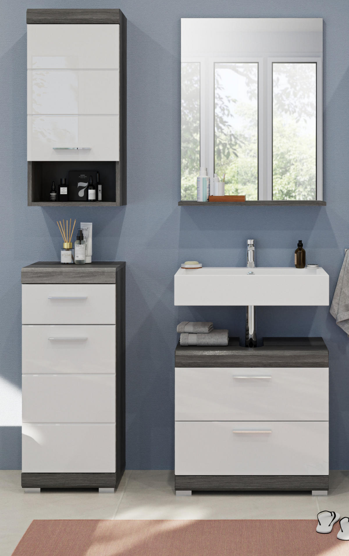 BADMÖBEL-SET weiß Hochglanz, grau 4-teilig 112 cm, Kombination mit viel Stauraum - Weiß Hochglanz/Grau, Holzwerkstoff (112/191/34cm) - Inn.Furn