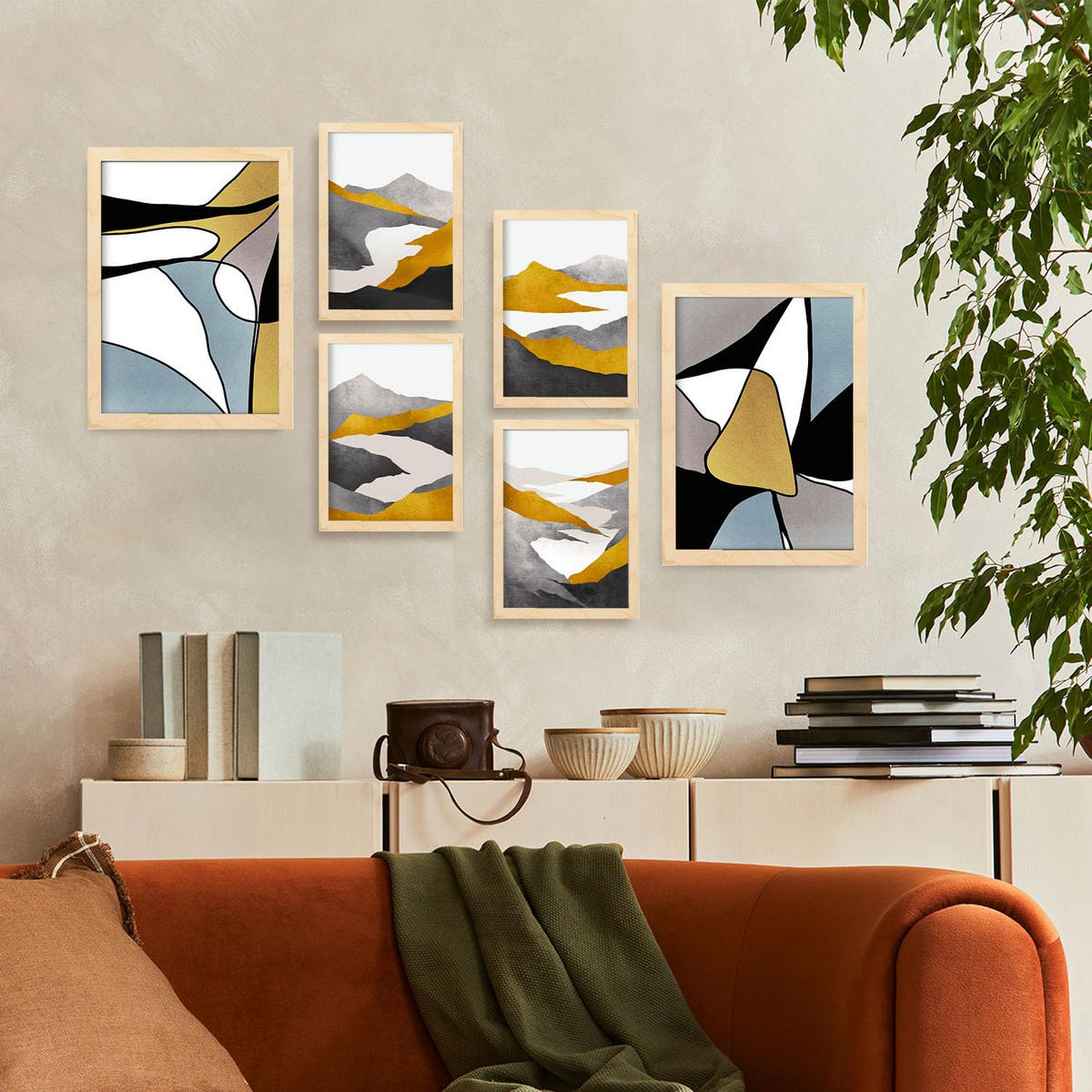 POSTER Set Mit 6 Gattung Naturen 1 In Kulissen Abstracts Ästhetische Dekorative Gemälde Für Ihr Wohnzimmer Zuhause A3 & A4 Rahmen Aus Hellem Holz - Beige, Papier (29/3cm) - Nacnic