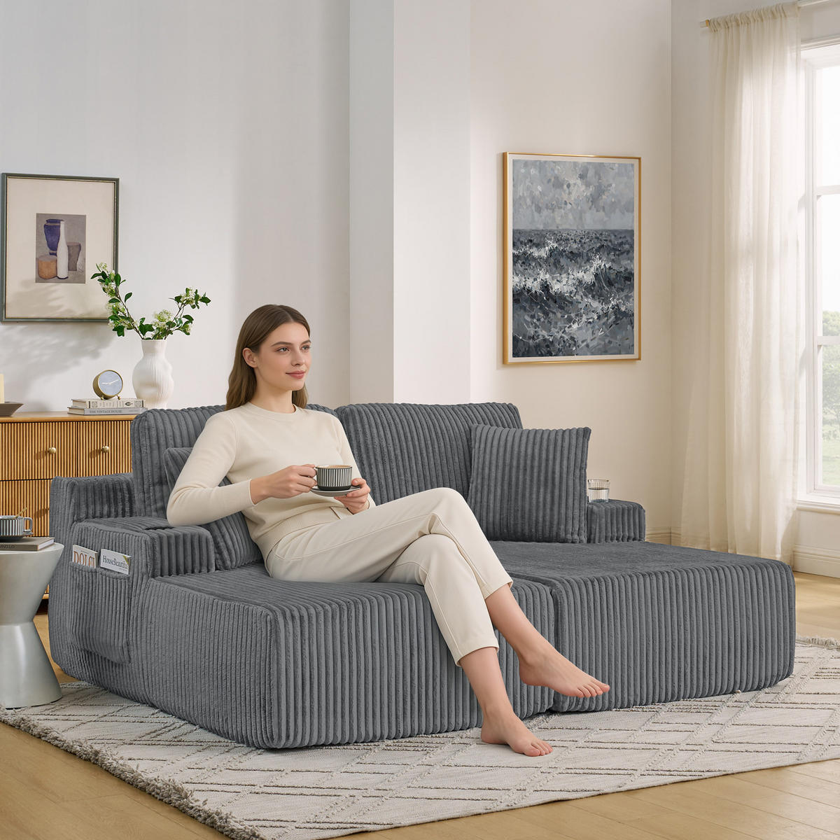 SOFA multifunktional 2-Sitzer Schlafsofa Kordstoff Gray - Grau, Textil (154/78/186cm) - Meubliv