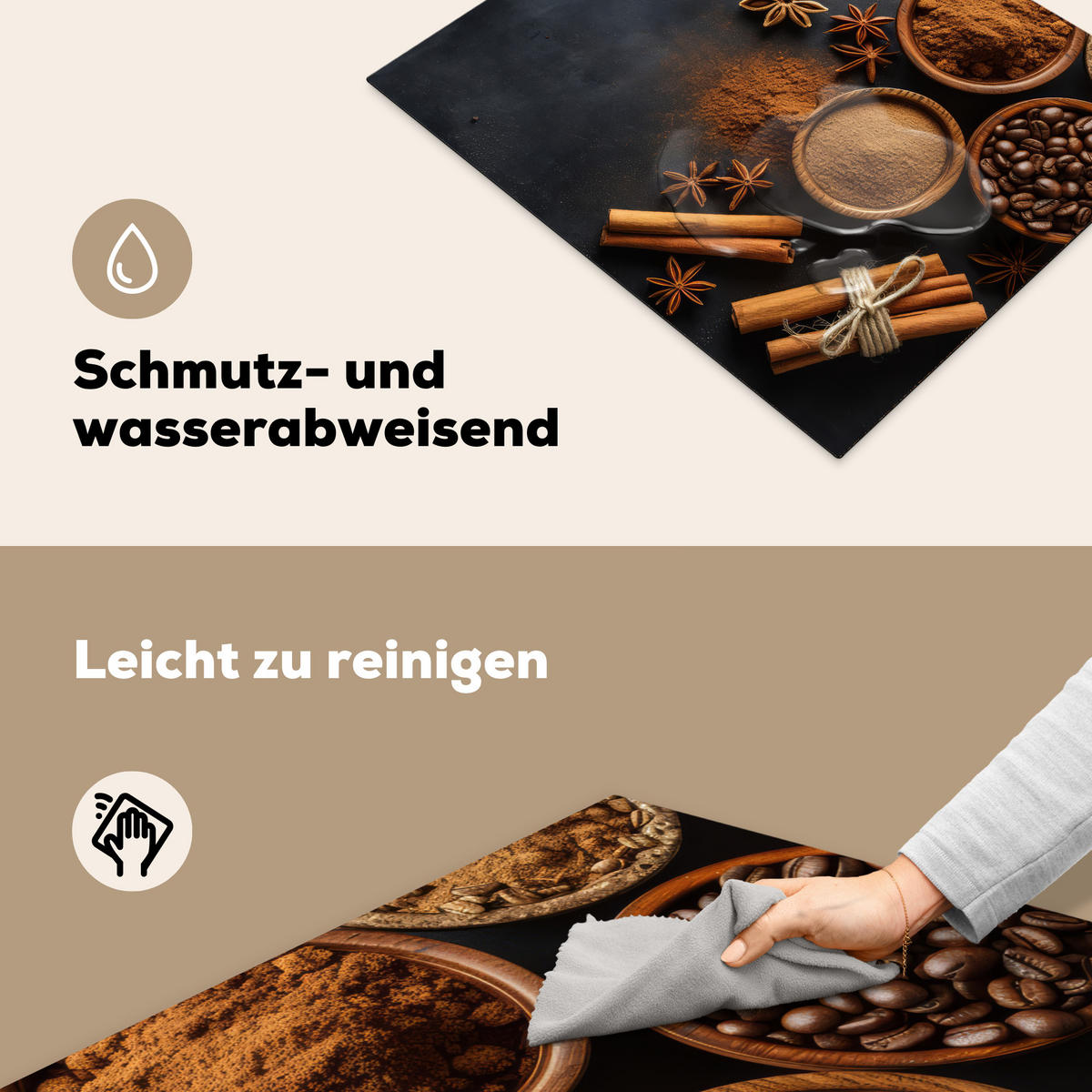 HERDABDECKPLATTE Zimt - Beton - Kaffee - Zimtstangen - Gewürze Herdabdeckung Induktionsfeld 65x52 cm - Mokka, Kunststoff (65/52/0.2cm) - MuchoWow