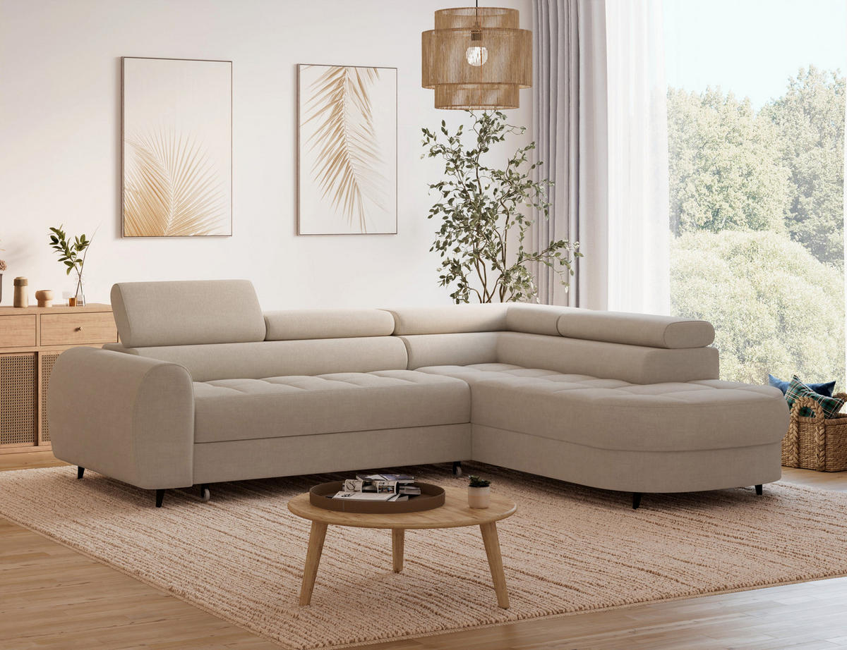 ECKSOFA Vesteria mit Schlaffunktion und Bettkasten – Modernes Design, verstellbare Kopfstützen und hoher Sitzkomfort - Beige, Kunststoff (279/72cm) - Wohnideebilder