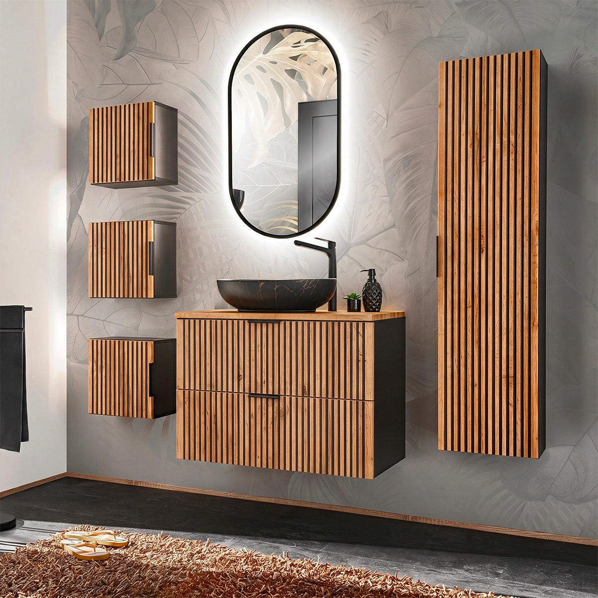 KOUPELNOVÝ NÁBYTEK 80.6cm Gaia 2er-Set Dubové dřevo a černá barva - hnědá, kompozitní dřevo (80.6/59/46cm) - Petits-meubles