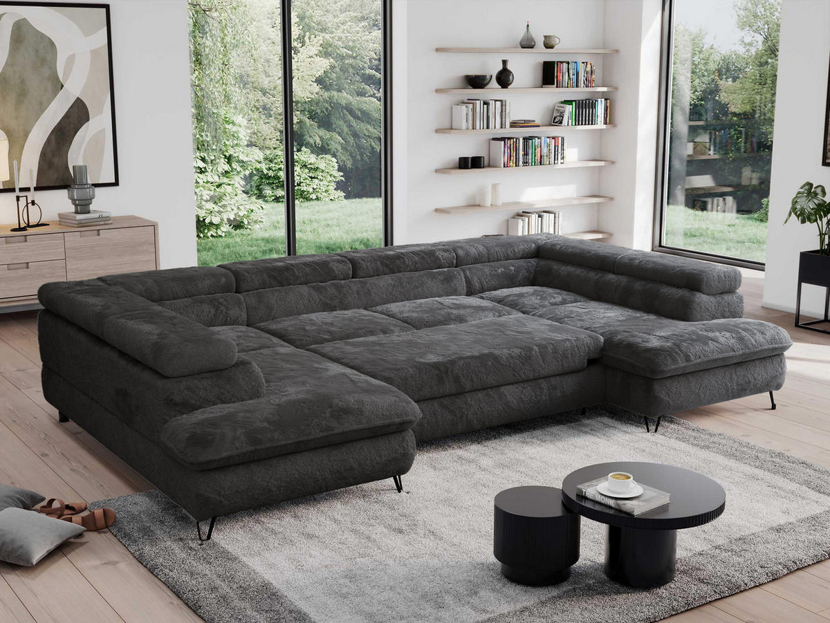 WOHNLANDSCHAFT PEDRO U Plüsch Anthrazit - Anthrazit/Schwarz, Textil/Metall (346/76/208cm) - MKS