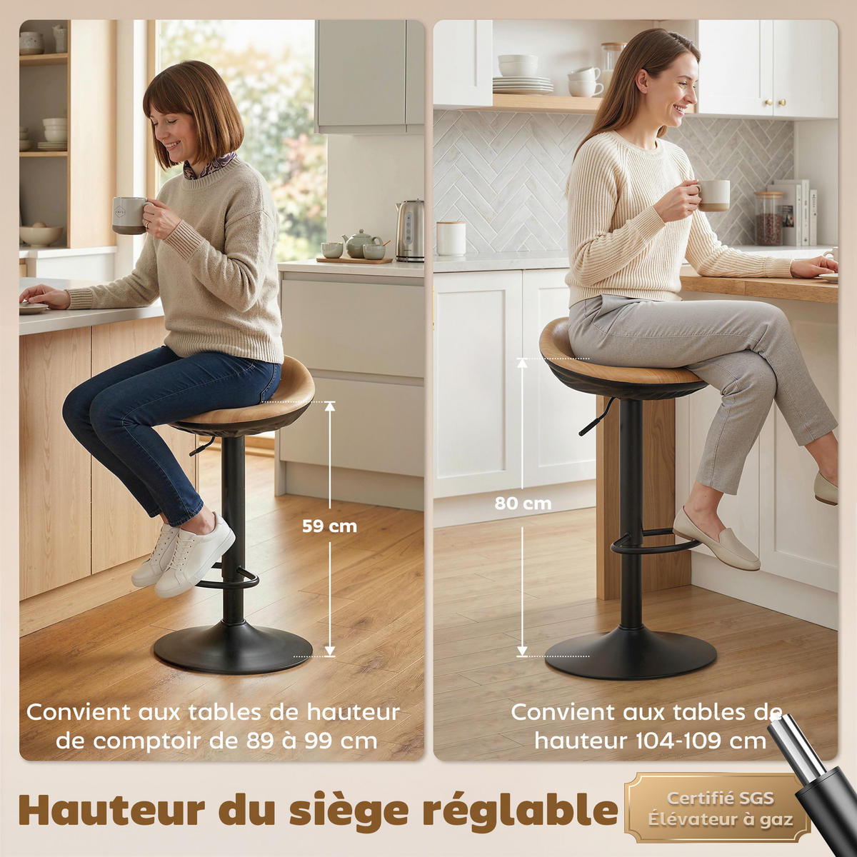 BARHOCKER 2er-Set DE-14811 höhenverstellbar & schwenkbar Eiche - Eichefarben, Metall (40/84/40cm) - ComfortXL