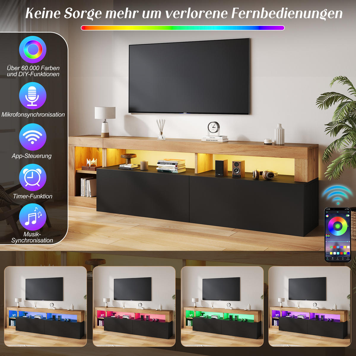 TV-SCHRANK 80 Zoll LED Stauraum Holz Schwarz Lowboard - Schwarz, Holzwerkstoff (184/58/42cm) - FLIEKS
