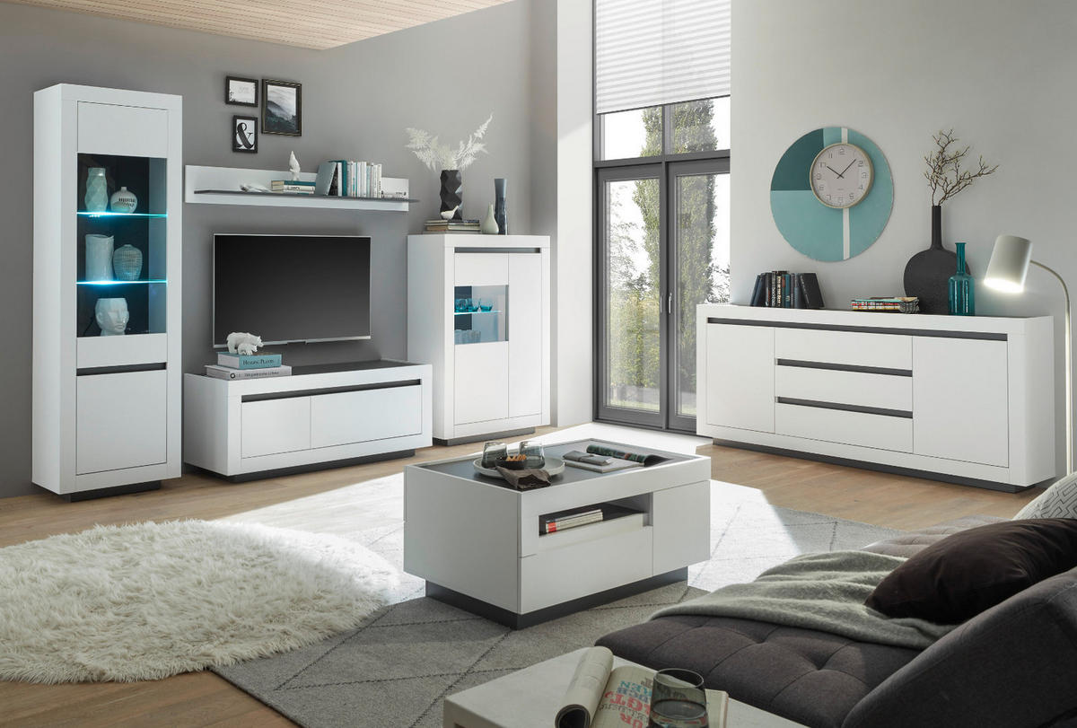 VITRINE weiß, anthrazit, Vitrinenschrank mit viel Stauraum - Weiß Hochglanz/Anthrazit, Glas/Holz (64/206/38cm) - Furn.Design