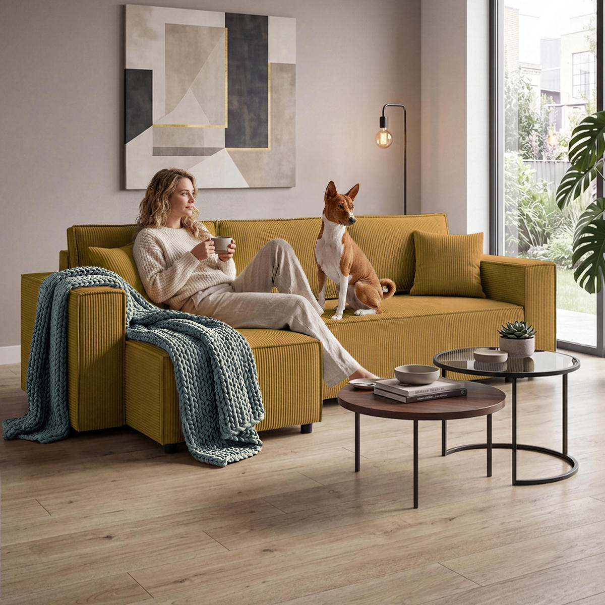 ECKSCHLAFSOFA Neapol mit Bettkasten, 255 cm, Cord-Stoff, Gelb - Gelb/Schwarz, Textil (256/148cm) - Beautysofa