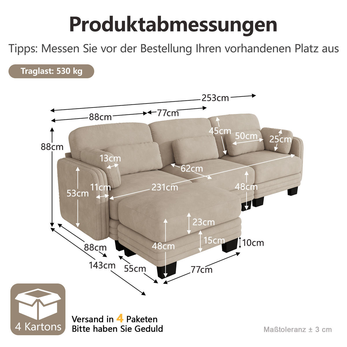 ECKSOFA L-Form 3-Sitzer mit Ottomane, DE-42686, Hellbraun - Hellbraun, Holz (253/143cm) - ComfortXL