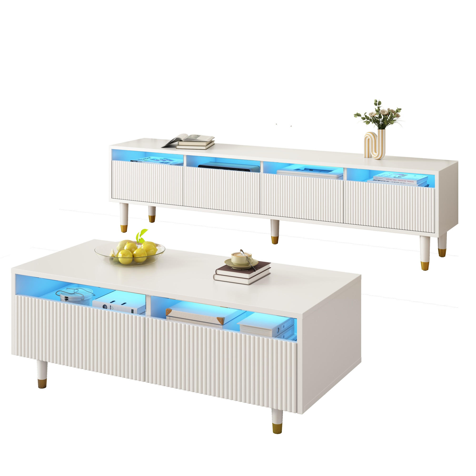 TV-ELEMENT mit Couchtisch - Kombination 2er-Set viertüriger Weiß-Gold mit LED-Beleuchtung - Weiß, Holzwerkstoff (178/45/35cm) - OKWISH